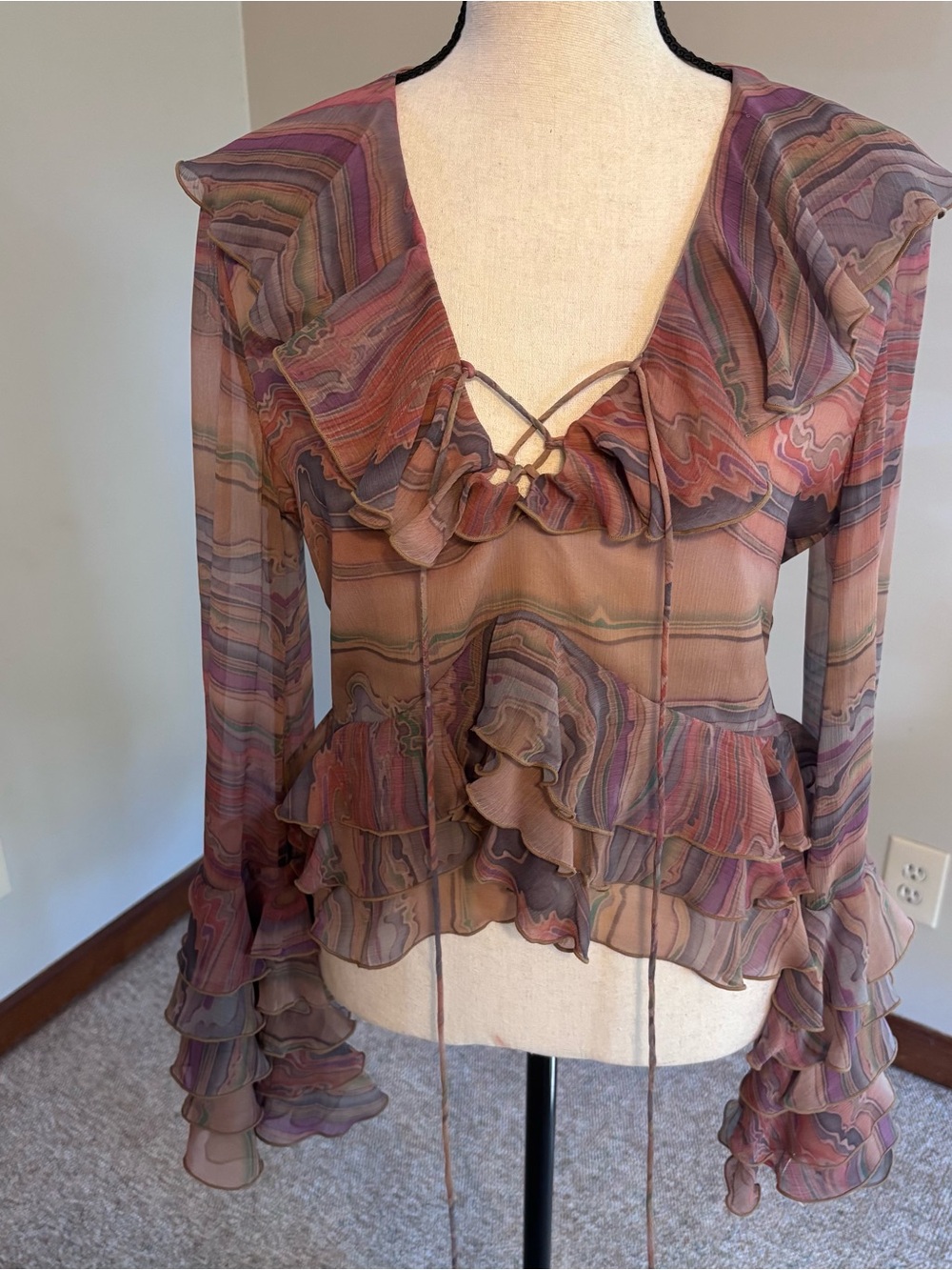 Ronny Kobo Collection Bohemian Mauve Multi-Stripe Ruffle Tie-Front Blouse Small - Picture 3 of 14